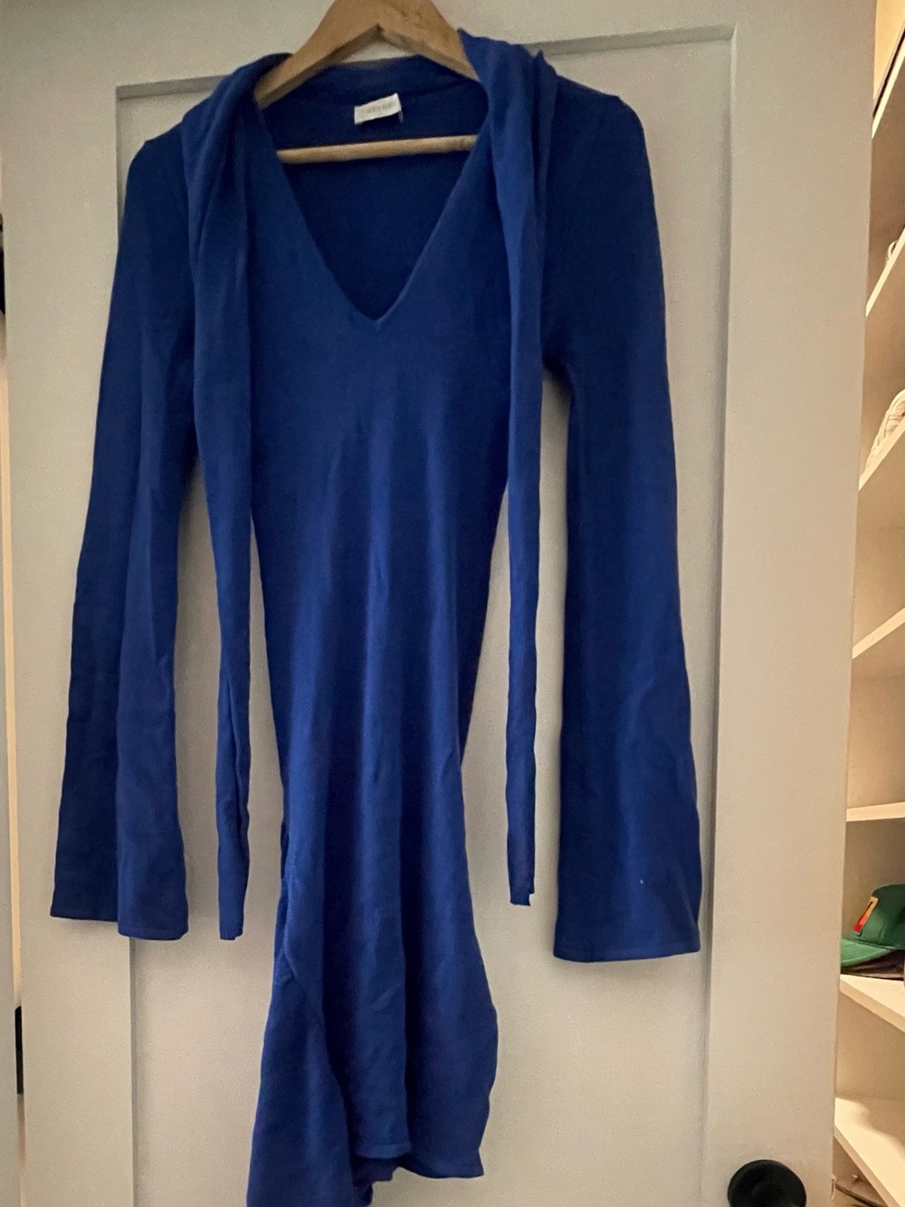 Meshki Cobalt Blue V-Neck Mini Dress with Hood Ties